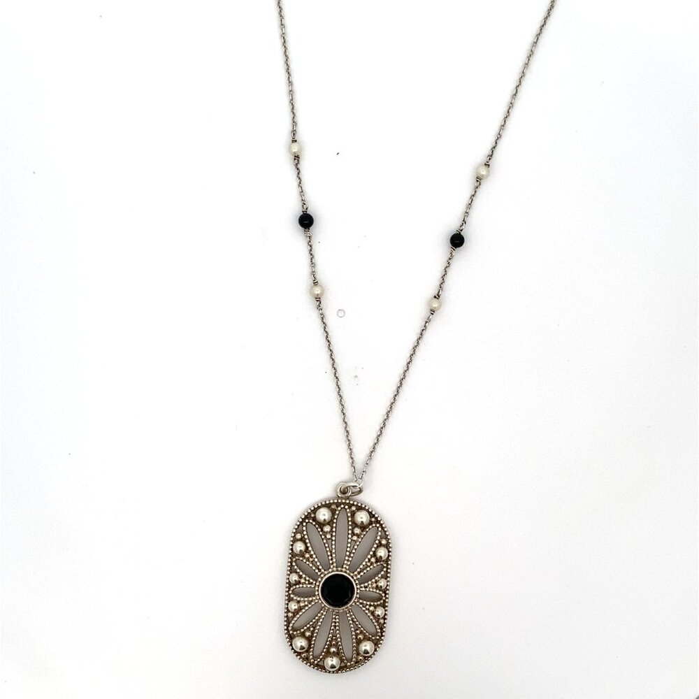 Tiffany & Co Ziegfeld Sterling Onyx and Pearl Pendant Necklace - 24.5"